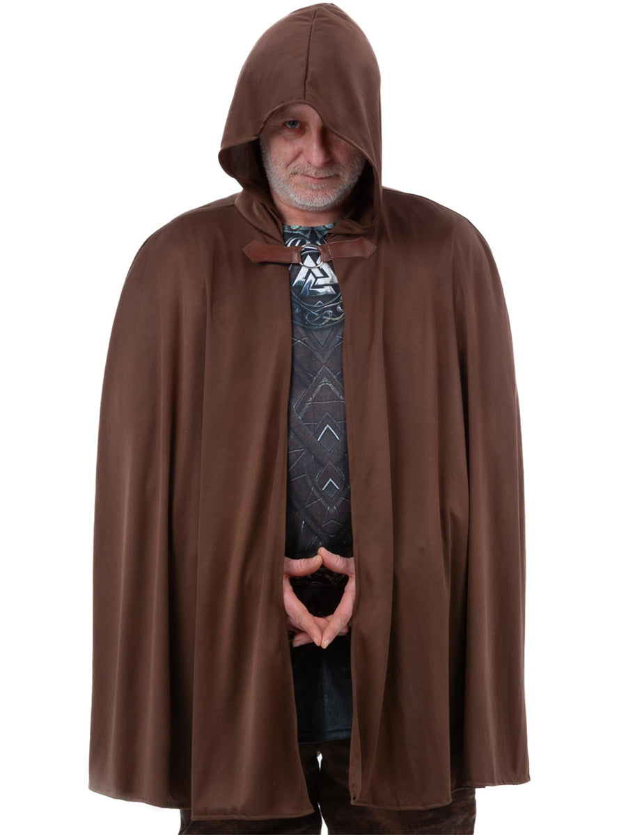 Mens Brown Hooded Costume Cape - Main Image
