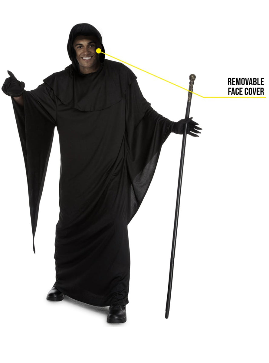 Plus Size Hooded Grim Reaper Mens Costume - Removable Face Cover Image