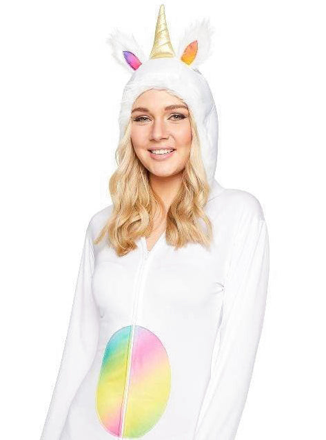 Plus Size Womens Hooded Whit Unicorn Costume Jumpsuit - Close Image