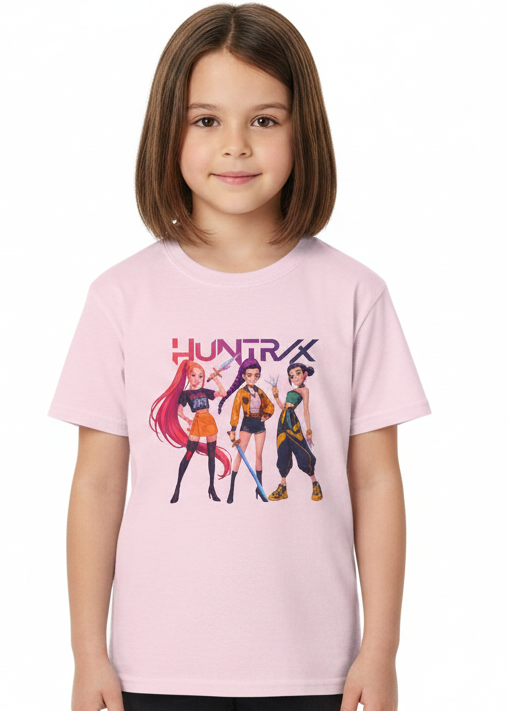 Kids Light Pink T-Shirt with Huntrix 3 Girls with Weapons Print - Main Image