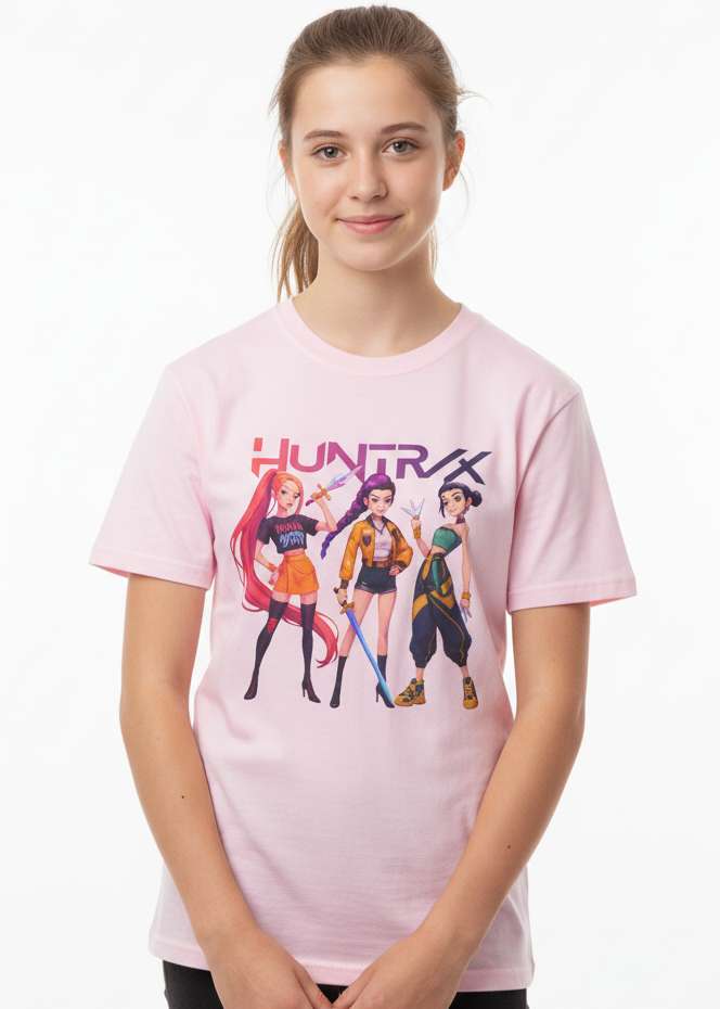 Teens Light Pink T-Shirt with Huntrix 3 Girls with Weapons Print - Main Image