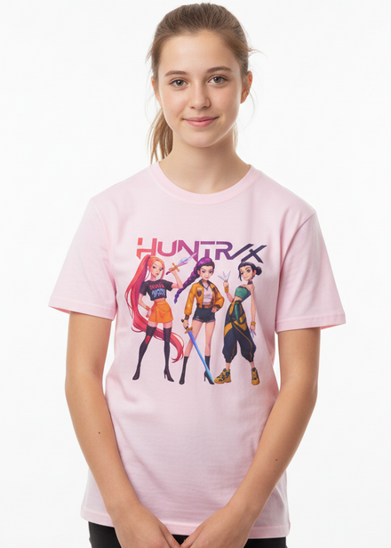 Teens Light Pink T-Shirt with Huntrix 3 Girls with Weapons Print - Main Image