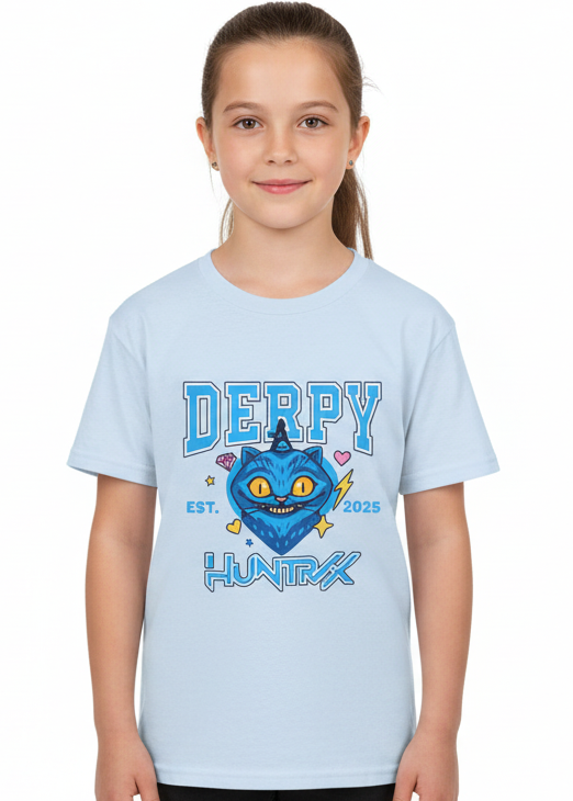 Kids Light Blue T-Shirt with Huntrix Derpy Cat Print - Main Image