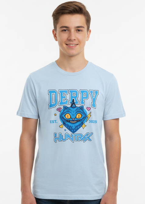 Teens Light Blue T-Shirt with Huntrix Derpy Cat Print - Person Image