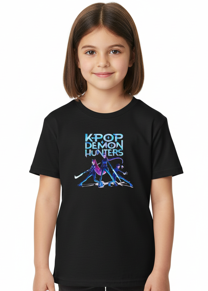 Girls Black K-Pop T-Shirt with Huntrix Fight Mode Print - Main Image