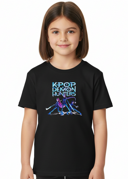 Girls Black K-Pop T-Shirt with Huntrix Fight Mode Print - Main Image