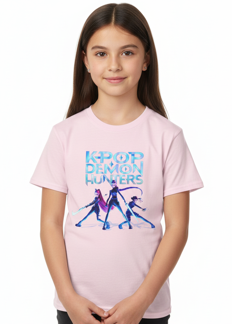 Girls Light Pink K-Pop T-Shirt with Huntrix Fight Mode Print - Main Image