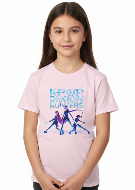 Girls Light Pink K-Pop T-Shirt with Huntrix Fight Mode Print - Main Image
