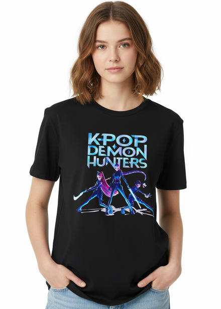 Teens Black K-Pop T-Shirt with Huntrix Fight Mode Print - Main Image