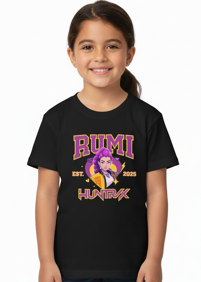 Kids Black T-Shirt with Huntrix KPop Girl Band Singer Rumi Print Main Image