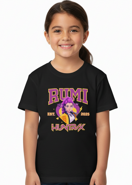 Kids Black T-Shirt with Huntrix KPop Girl Band Singer Rumi Print Main Image