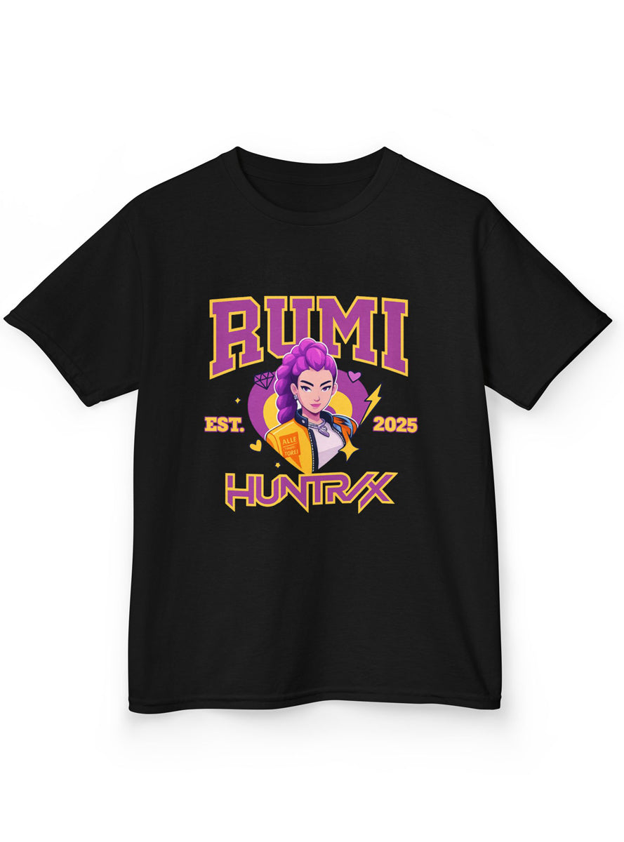 Kids Black T-Shirt with Huntrix KPop Girl Band Singer Rumi Print