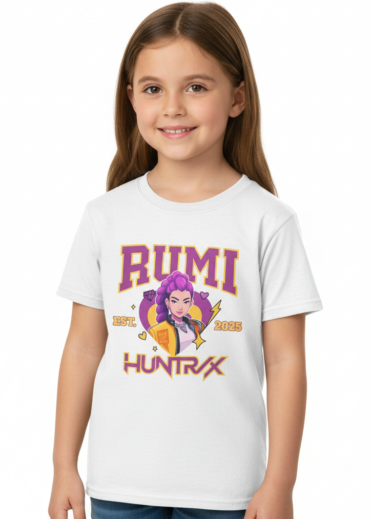Kids White T-Shirt with Huntrix KPop Girl Band Singer Rumi Print Main Image