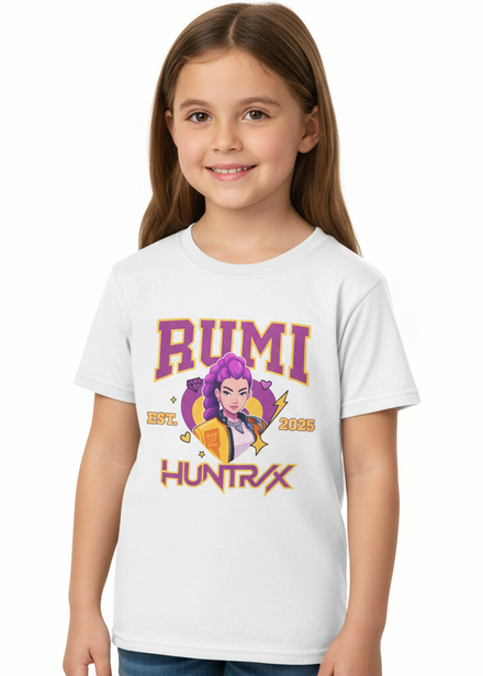 Kids White T-Shirt with Huntrix KPop Girl Band Singer Rumi Print Main Image