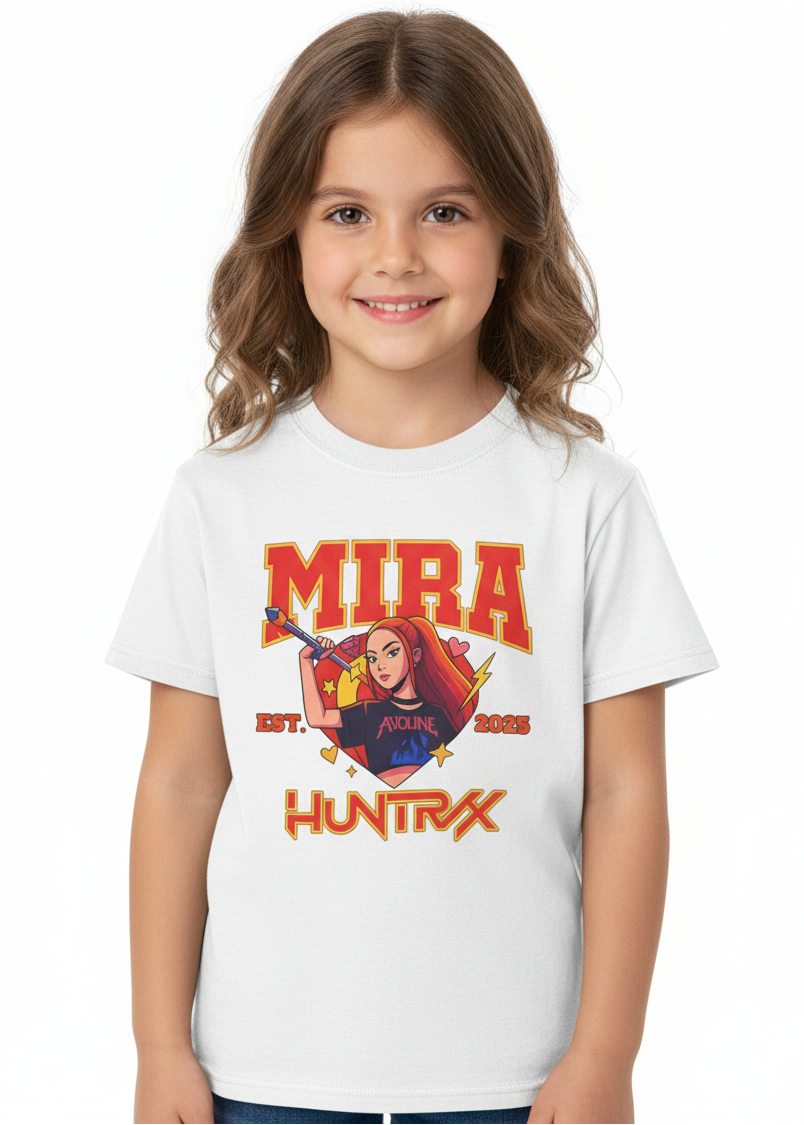 Kids White T-Shirt with Huntrix KPop Mira 2025 Print Main Image