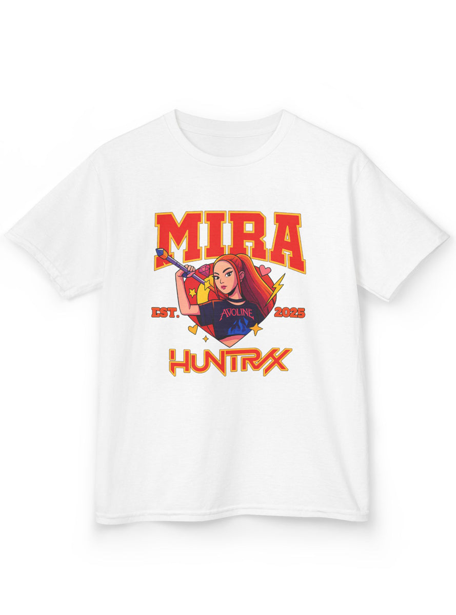Kids White T-Shirt with Huntrix KPop Mira 2025 Print