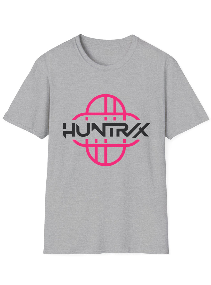 Adults Grey Plus Size T-Shirt with Huntrix Pink Logo Print