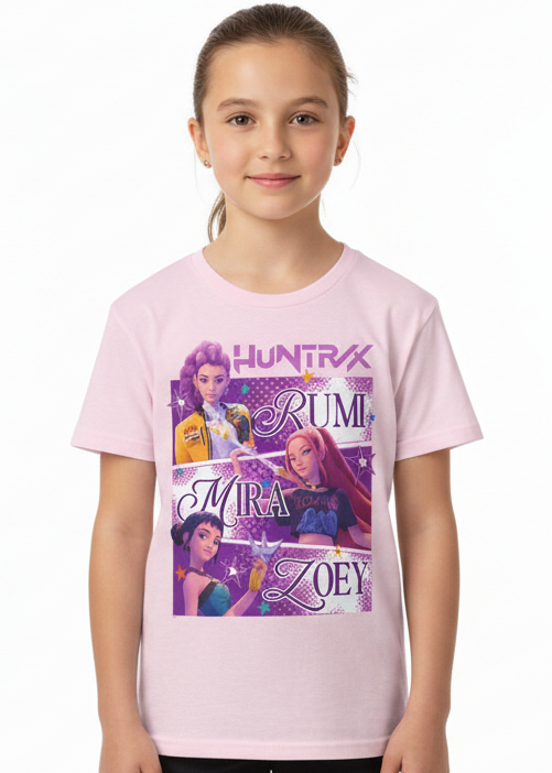 Girls Light Pink K-Pop T-Shirt with Huntrix Rumi Mira Zoey Print - Main Image