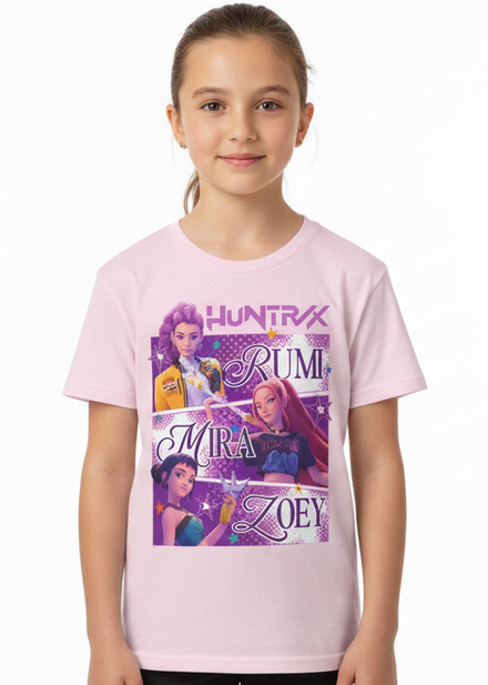 Girls Light Pink K-Pop T-Shirt with Huntrix Rumi Mira Zoey Print - Main Image