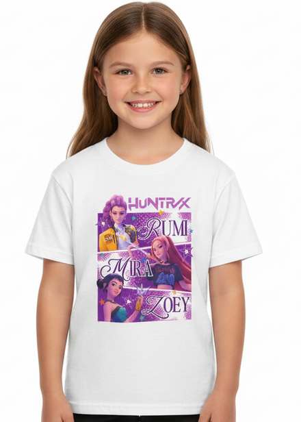 Girls White K-Pop T-Shirt with Huntrix Rumi Mira Zoey Print - Main Image