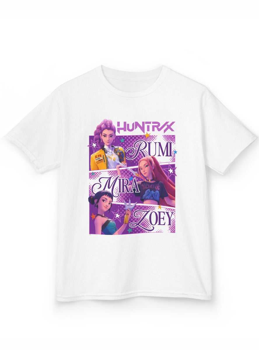 Girls White K-Pop T-Shirt with Huntrix Rumi Mira Zoey Print