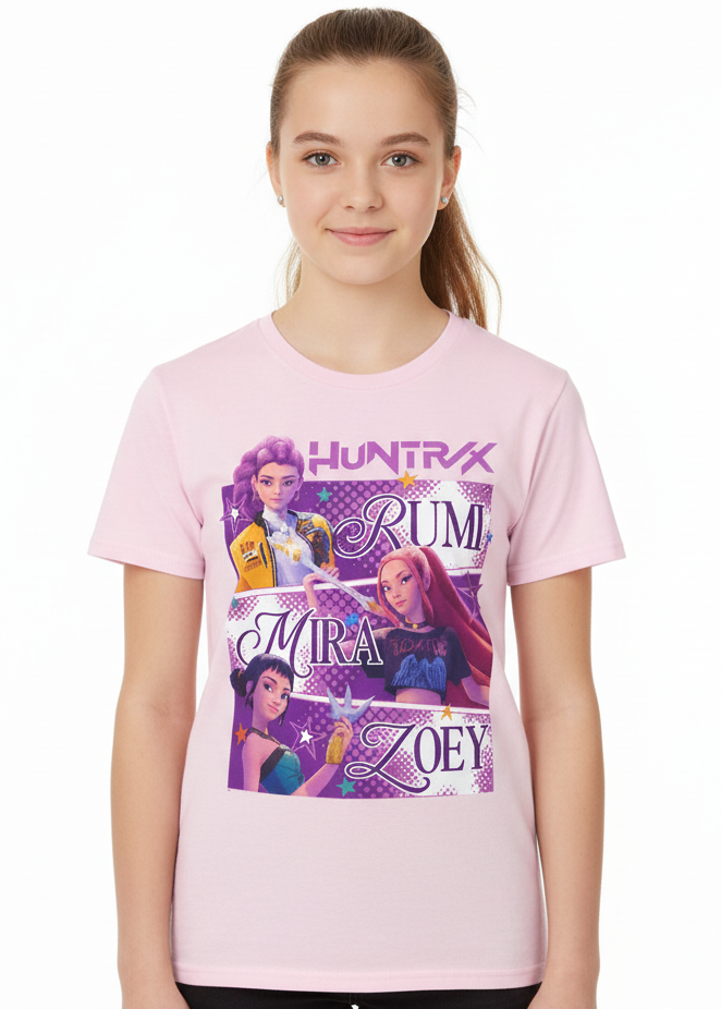 Teens Light Pink K-Pop T-Shirt with Huntrix Rumi Mira Zoey Print - Main Image