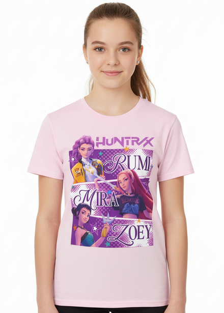 Teens Light Pink K-Pop T-Shirt with Huntrix Rumi Mira Zoey Print - Main Image