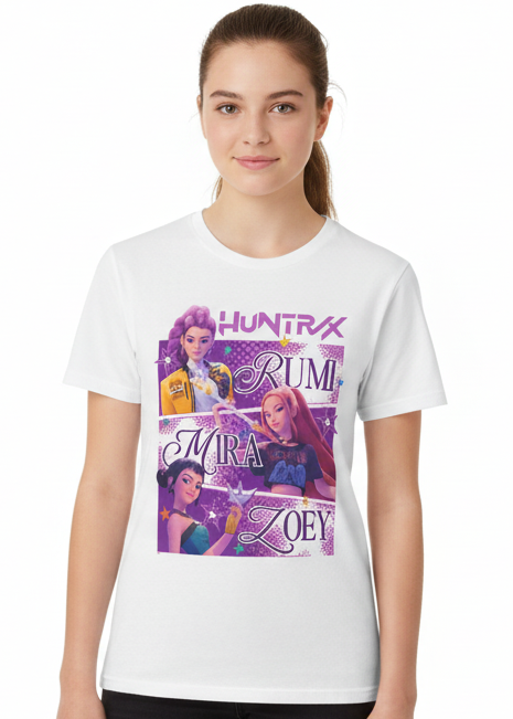 Teens White K-Pop T-Shirt with Huntrix Rumi Mira Zoey Print - Main Image