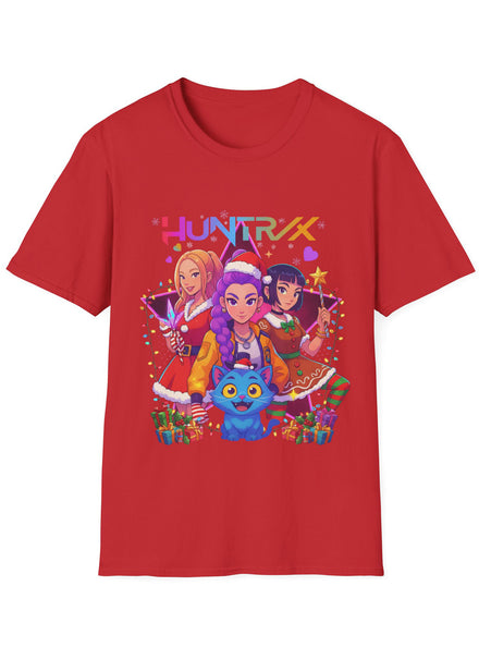 Adults Red Plus Size T-Shirt with Huntrix Christmas Party and Demon Cat Print