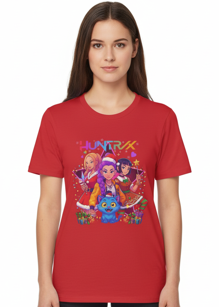 Adults Red T-Shirt with Huntrix Christmas Party and Demon Cat Print Main Image