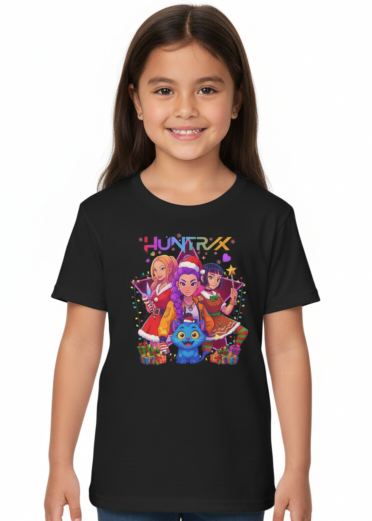 Kids Black T-Shirt with Huntrix Christmas Party and Demon Cat Print Main Image