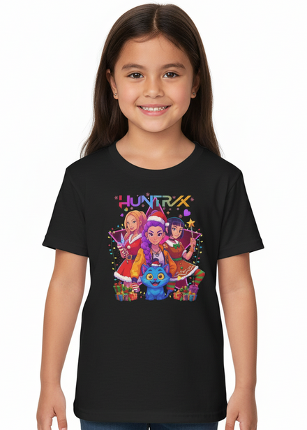 Kids Black T-Shirt with Huntrix Christmas Party and Demon Cat Print Main Image