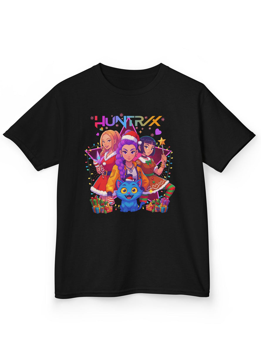 Kids Black T-Shirt with Huntrix Christmas Party and Demon Cat Print