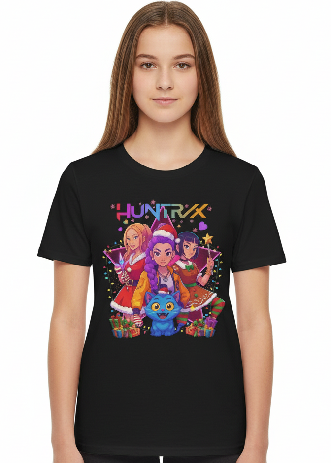 Teens Black T-Shirt with Huntrix Christmas Party and Demon Cat Print Main Image
