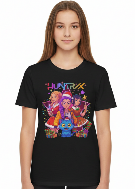 Teens Black T-Shirt with Huntrix Christmas Party and Demon Cat Print Main Image