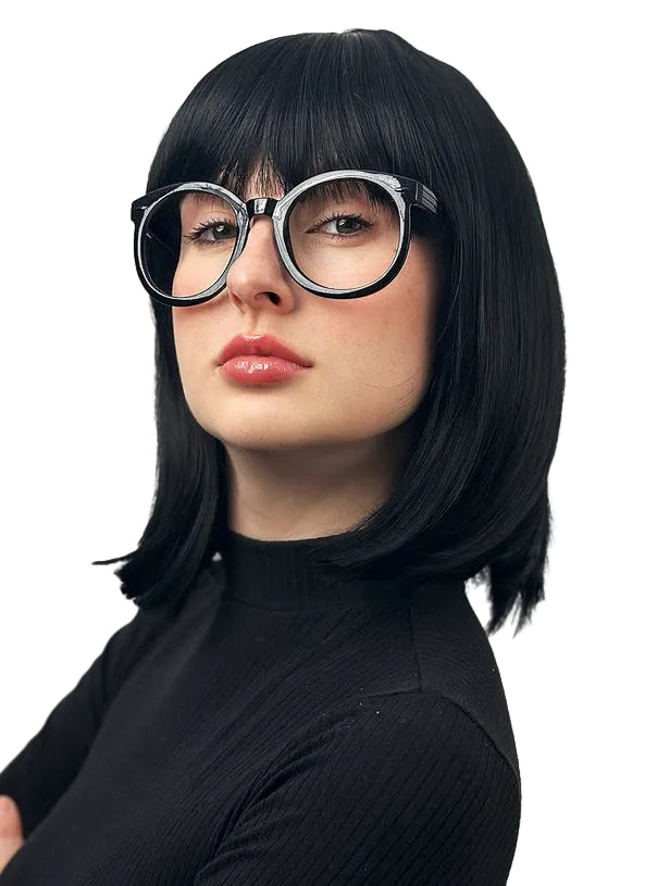 Incredible Edna Womens Black Bob Costume Wig with Fringe and Glasses - Alternative Image 1