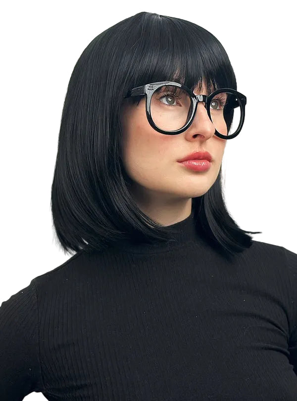 Incredible Edna Womens Black Bob Costume Wig with Fringe and Glasses - Alternative Image 2