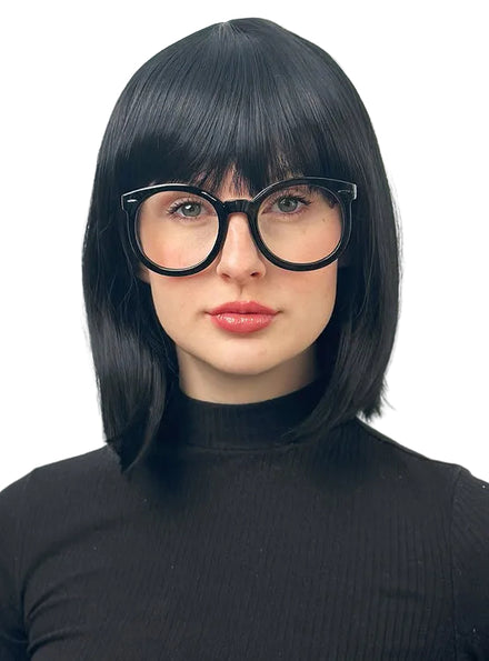 Incredible Edna Womens Black Bob Costume Wig with Fringe and Glasses - Main Image