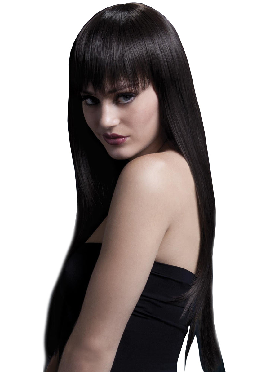Womens Long Dark Brown Deluxe Fashion Wig With Fringe - Main Image