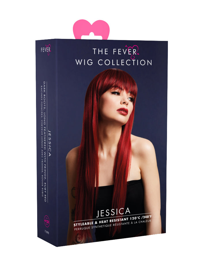 Womens Long  Ruby Red Deluxe Fashion Wig With Fringe - Packaging Image