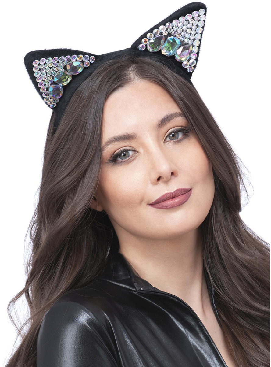 Black Cat Jewelled Costume Ear Headband - Main Image