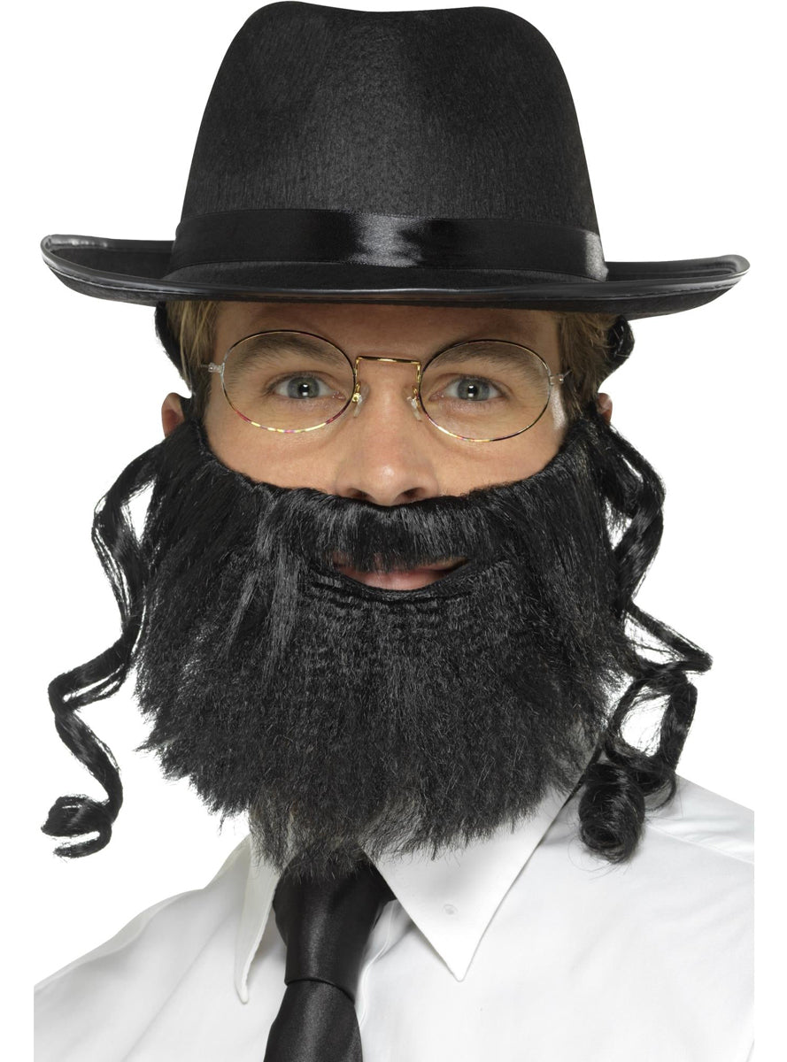 Mens Black Jewish Rabbi Hat with Hair and Beard