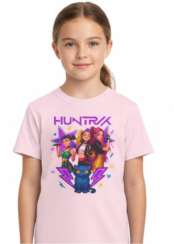Kids Light Pink K-Pop T-Shirt with Huntrix Girls and Demon Cat Print - Main Image
