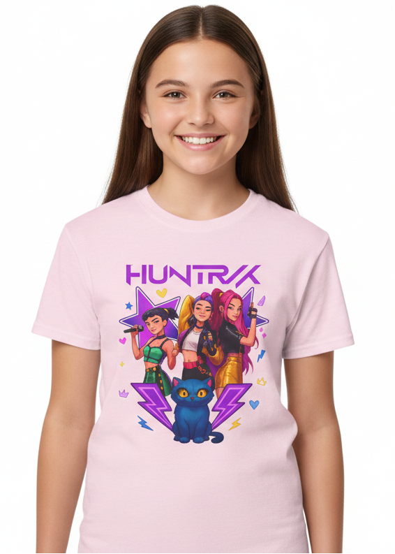Teens Light Pink K-Pop T-Shirt with Huntrix Girls and Demon Cat Print - Main Image