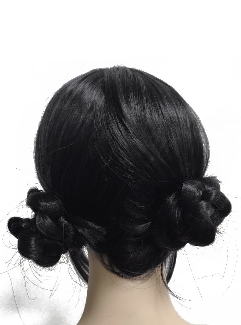 K Pop Zoey Womens Purple Black Costume Wig with Buns - Back Image