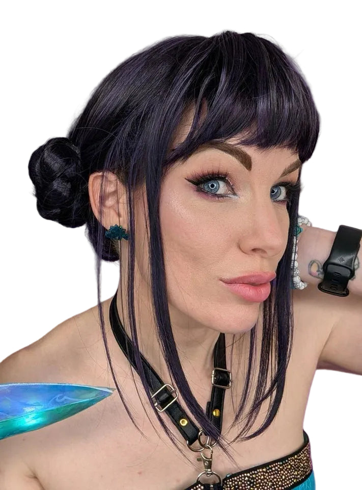 K Pop Zoey Womens Purple Black Costume Wig with Buns - Main Image