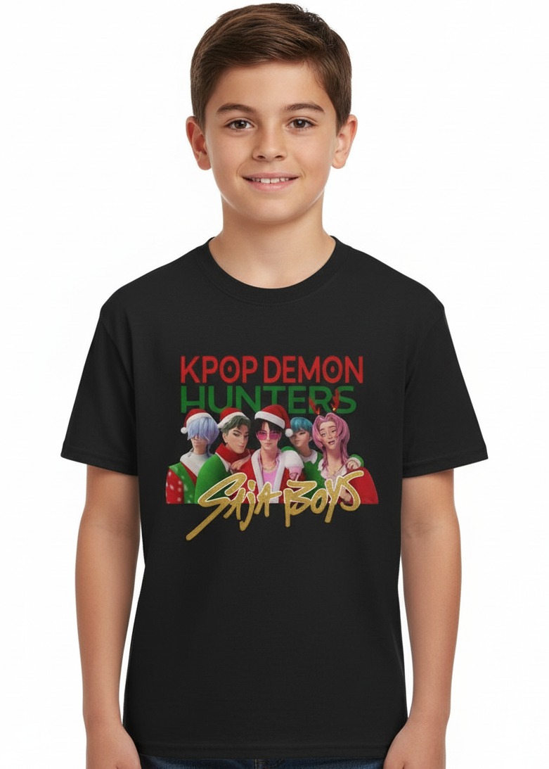 Kids Black Christmas T-Shirt with KPop Demon Hunters Saja Boys Print Main Image