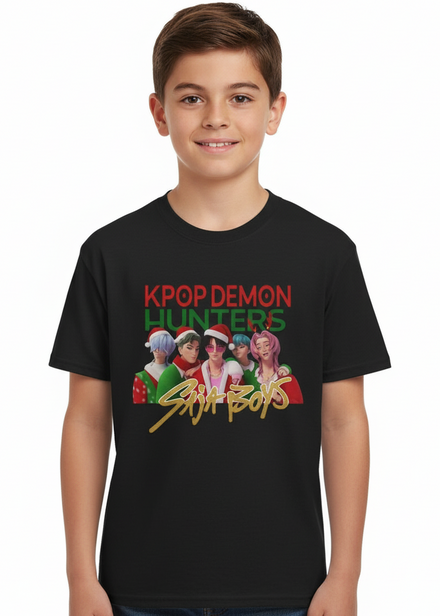 Kids Black Christmas T-Shirt with KPop Demon Hunters Saja Boys Print Main Image