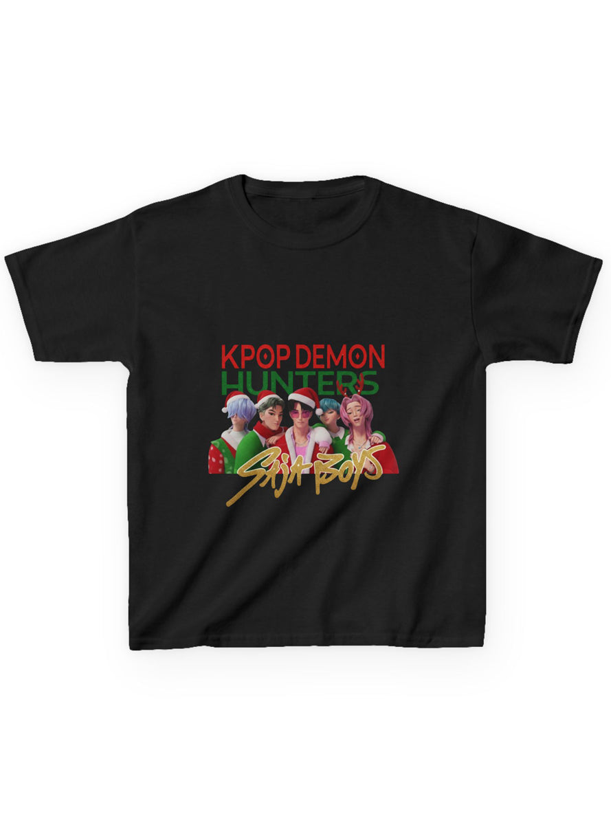 Kids Black Christmas T-Shirt with KPop Demon Hunters Saja Boys Print