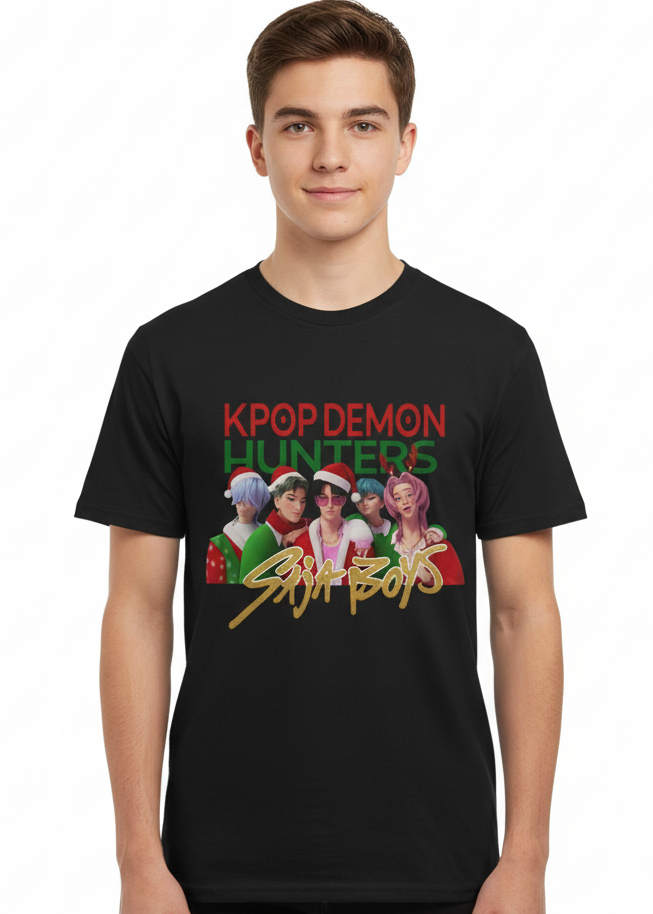 Teens Black Christmas T-Shirt with KPop Demon Hunters Saja Boys Print Main Image
